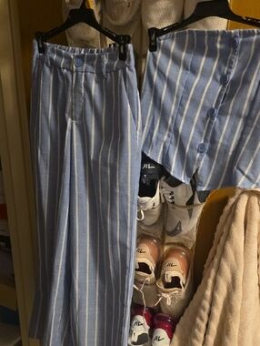 SHEIN Light Blue & White Vertical Stripe Wide-Leg Trousers